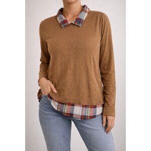 J.Crew Sweater Women XXL Brown Plaid Woven Collar Hem Layered Look AF729